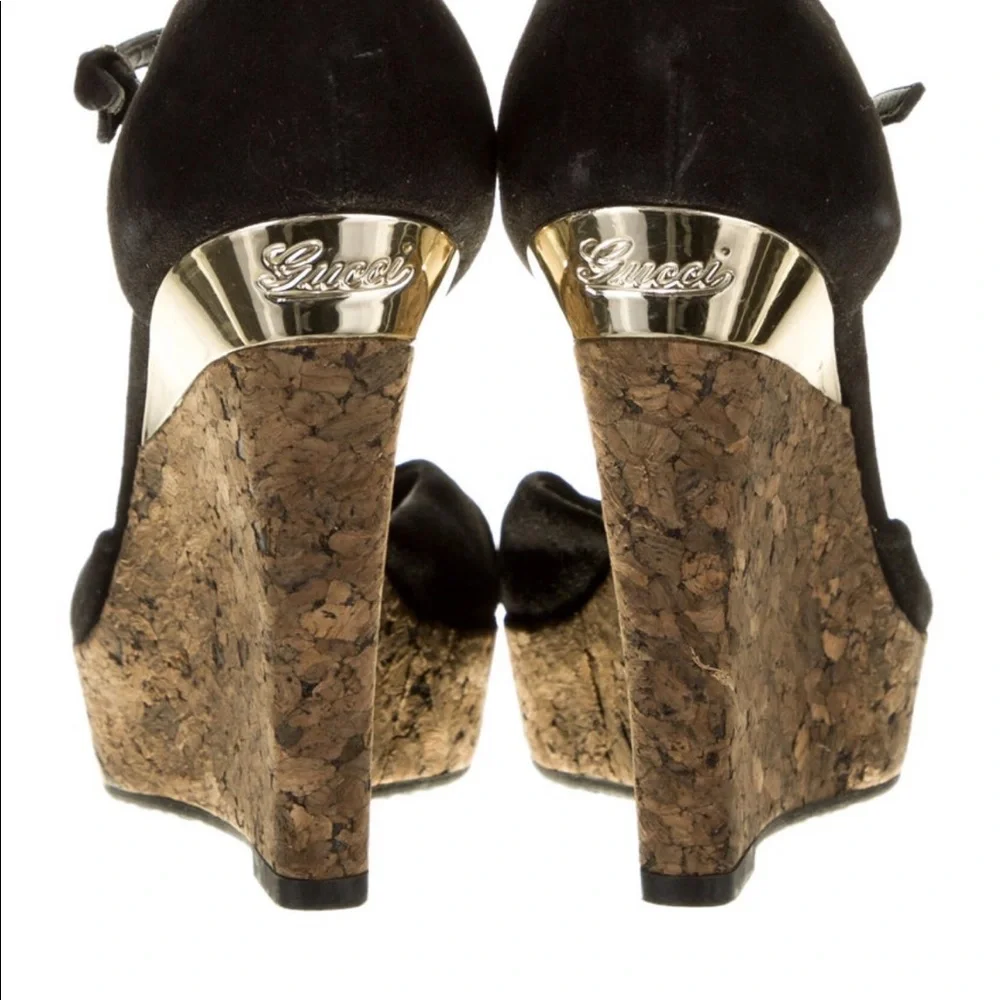 Gucci Black Suede Cork Wedge Sandals